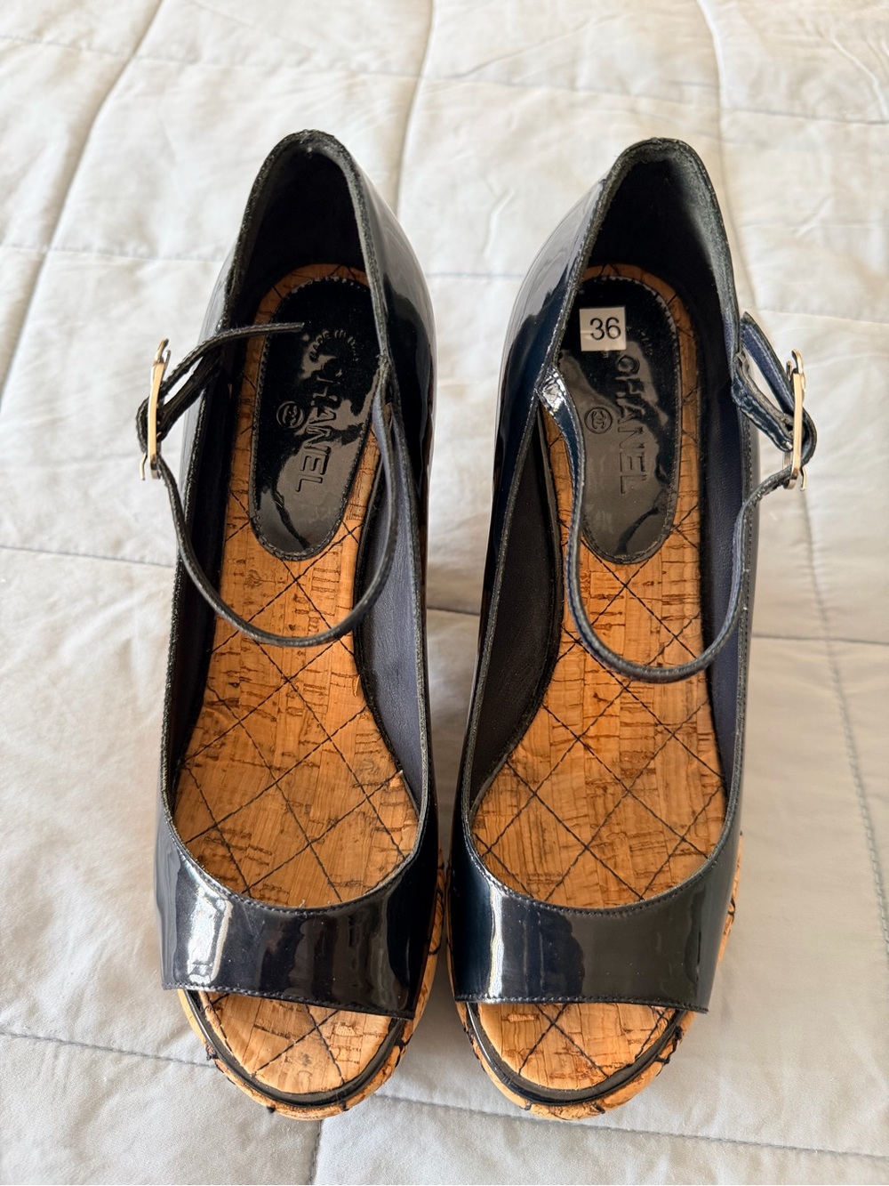 CHANEL Black Patent Mary Jane Platform Wedges with Cork Insole - Picture 2 of 4